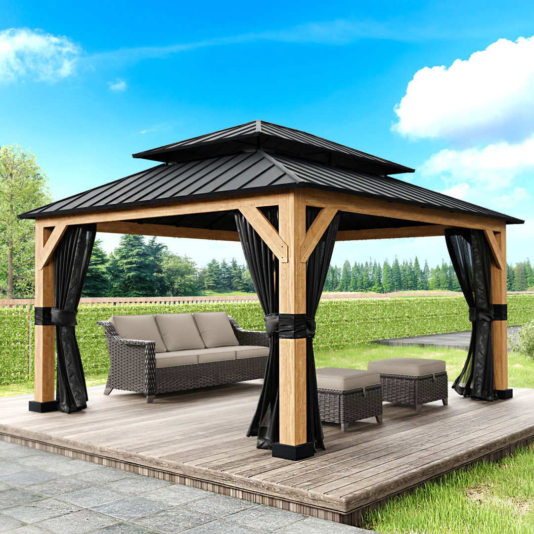 13 Ft. W X 11 Ft. D Solid Wood Outdoor Hard Top Patio Gazebo With Mosquito Netting